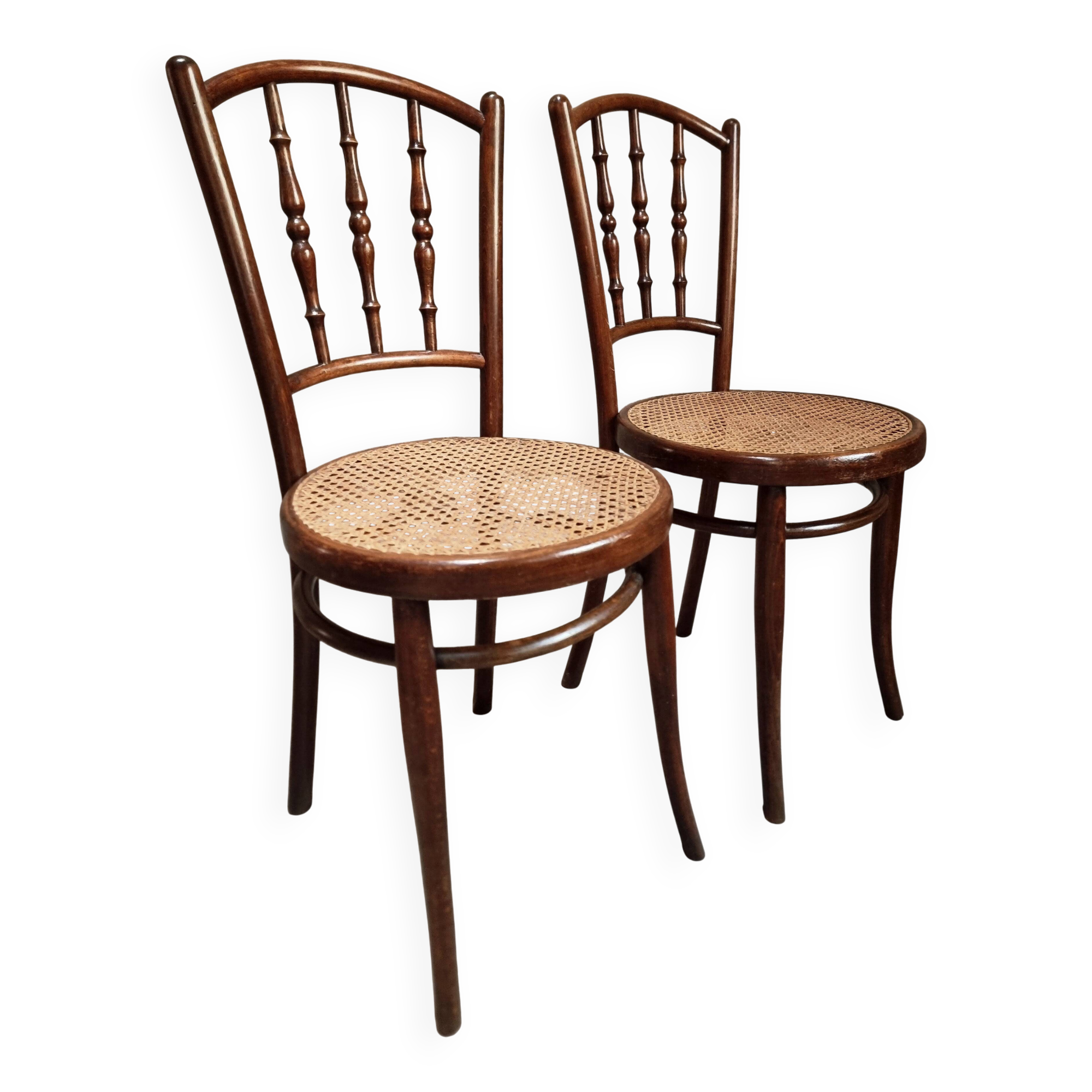 2 chaises bistrot viennoises Kohn antiques en bois courbé et cannage, Autriche vers 1900–1930