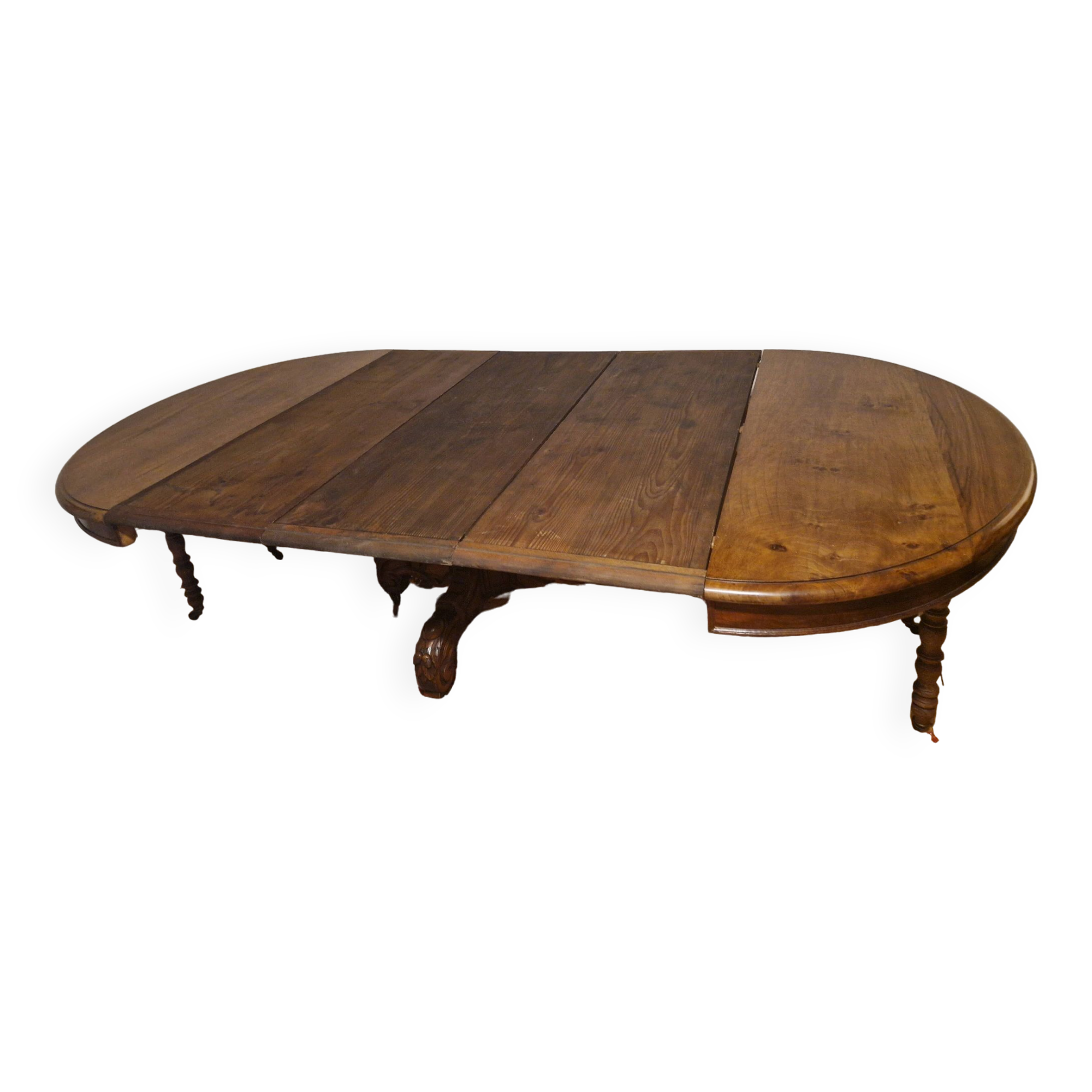 Round walnut table in solid wood, Napoleon III style with extensions - for 14 settings.
