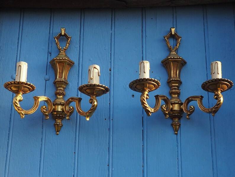 French Bronze Wall Sconces: Pair of 2-Branch Lights, C1950s