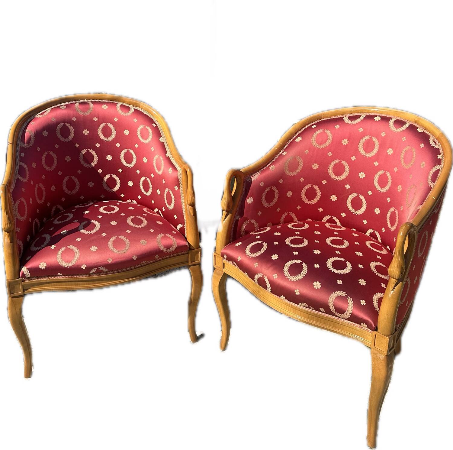 Pair of Empire style swan-neck bergère armchairs