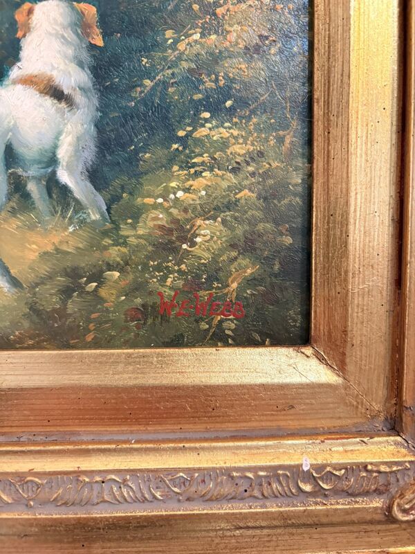 Tableau Peinture Huile Panneau HSP EDWARD WEBB Chasse Cour Chien Forêt