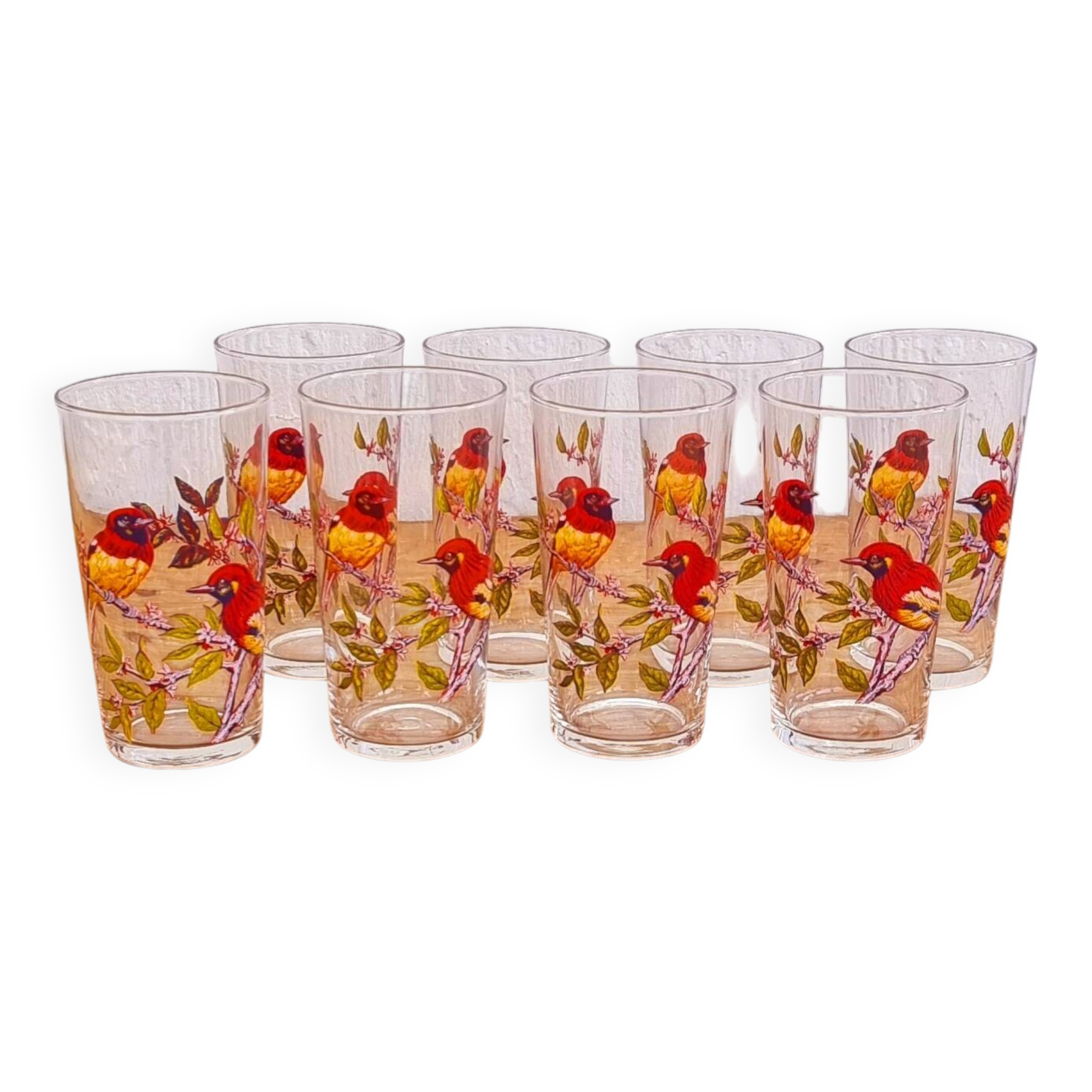 Set of 8 vintage bird pattern orangeade glasses