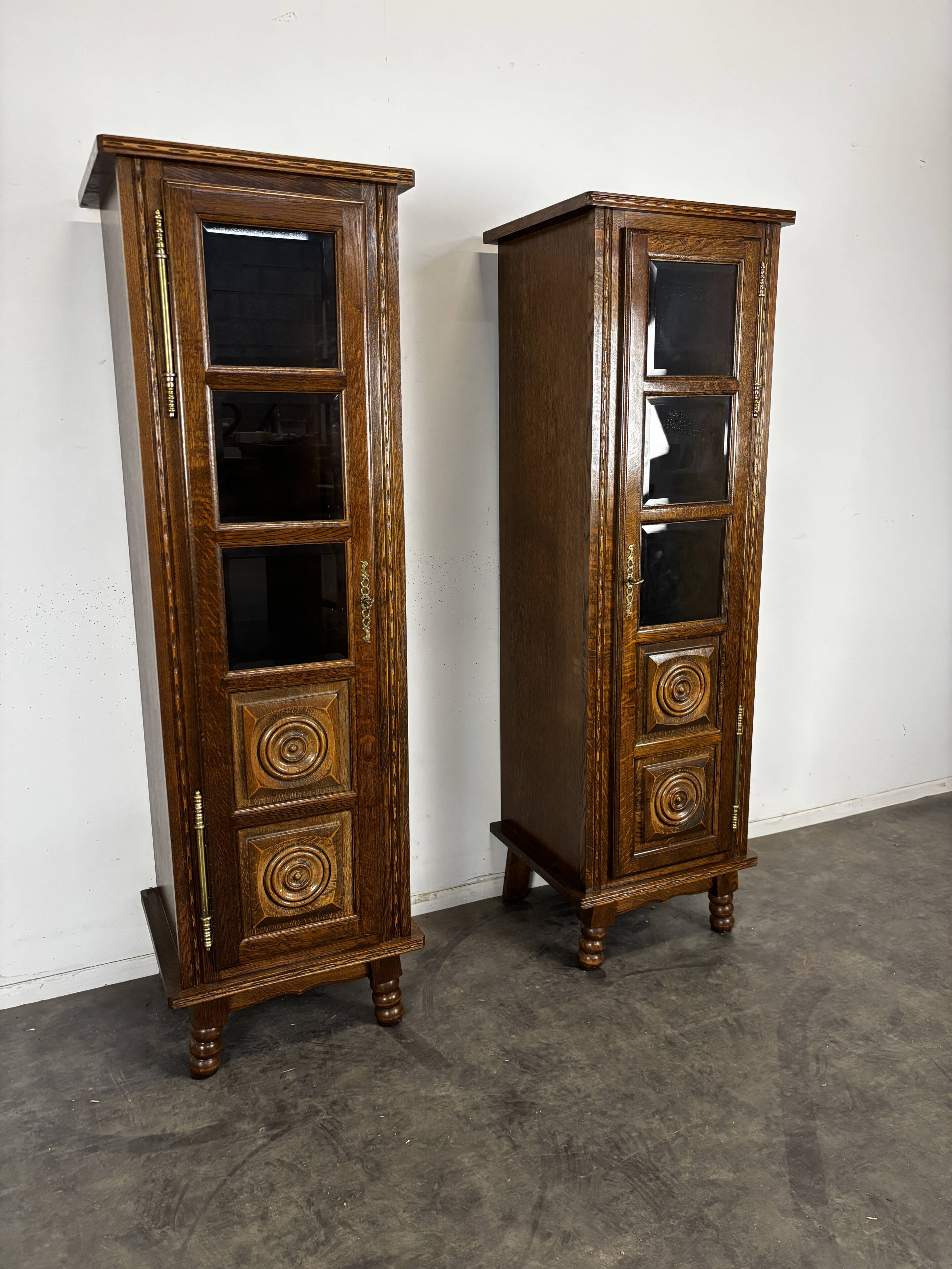 Paire de vitrines étroites en chêne à pointes de diamant style Art Déco