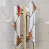 Pine wood floor lamp with handmade stained glass in Japandi style.