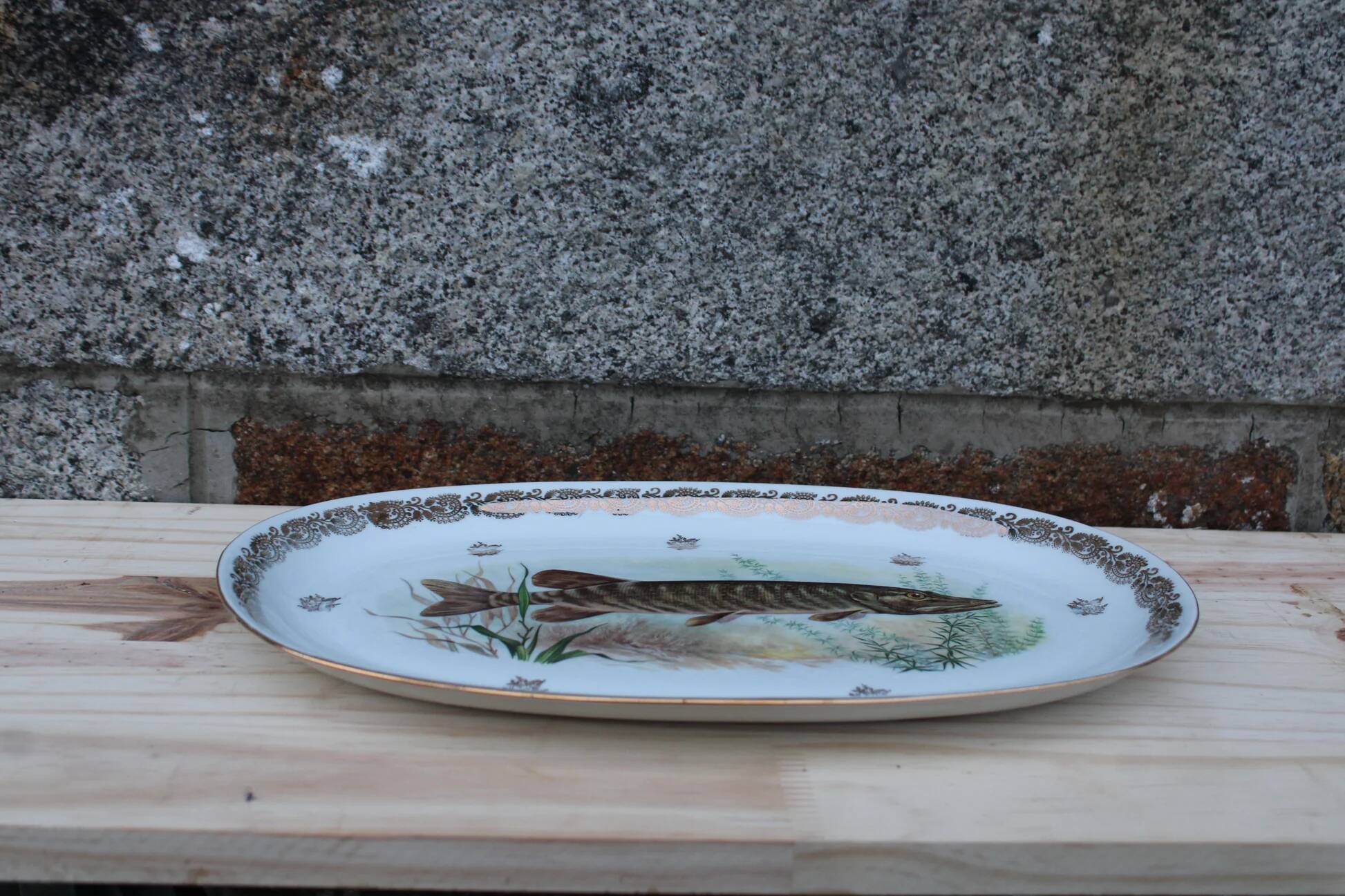 Large French porcelain dish L.C – Painted pike & gilded frieze