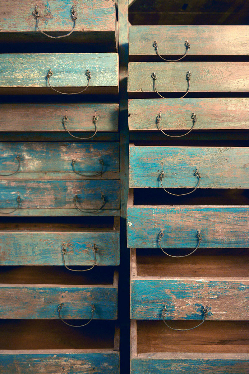 24-drawers patinated wooden workshop furniture
