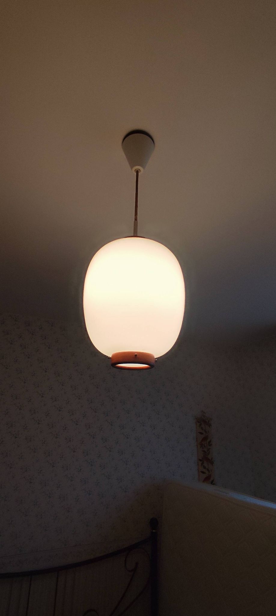 Suspension design Bent Karlby, Lyfa edition 1960s. Opaline glass, teak.