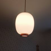 Suspension design Bent Karlby, Lyfa edition 1960s. Opaline glass, teak.