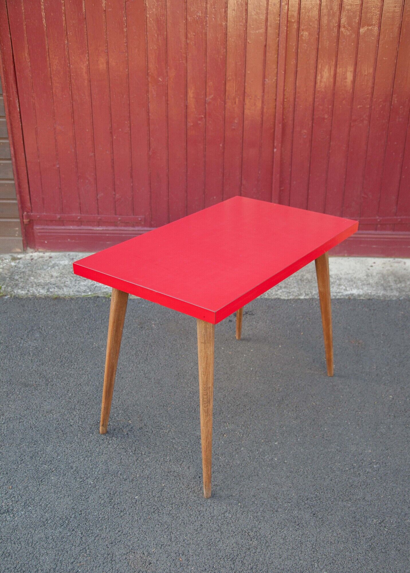 Vintage bistro table wooden table and red formica feet compass, kitchen, countryside