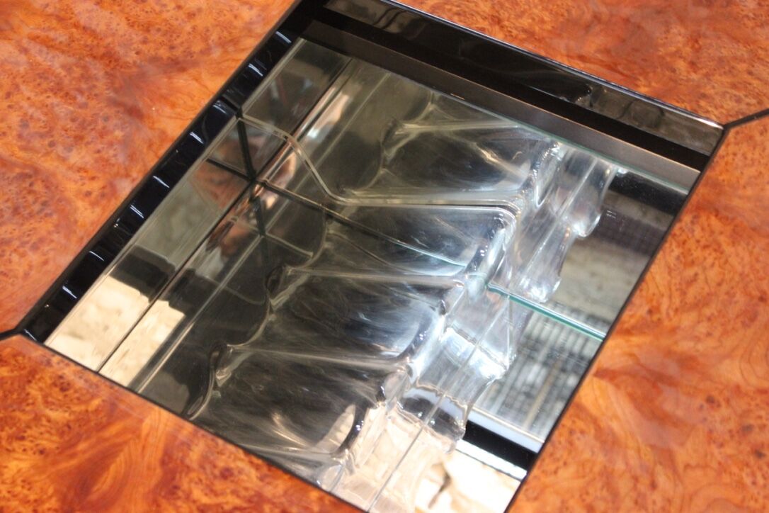 Coffee table, cocktail bar hidden in Elm Magnifier by Paul Michel, 1970 Roche Bobois