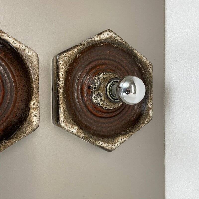 Modernist fat lava ceramic wall lamps by Pan Ceramics, Germany, 1970s, set of 2