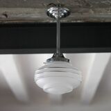 Art Deco pendant light, chrome metal suspension and glass globe, ceiling lamp.