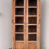 Parisian wardrobe in raw wood with engraved glass from 1920.
