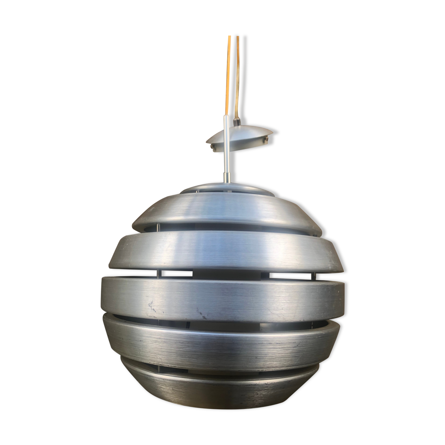 Polished steel pendant lamp with opaline cone 70s