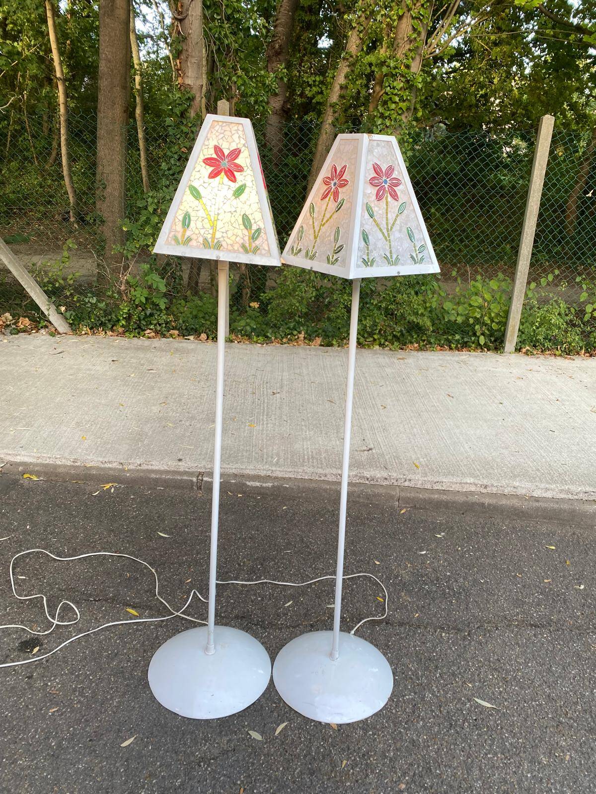 Pair of vintage mosaic glass lamps — Floral patterns