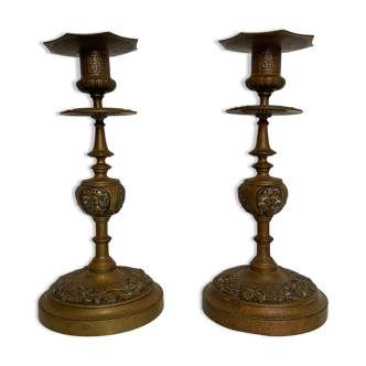 Pair of bronze candle holders brass epoch Napoleon III Japanese Chinese decoration