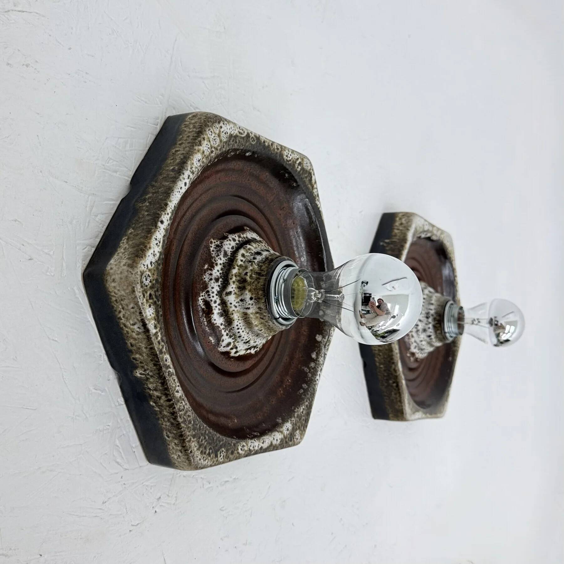 Set of 8 brown ceramic wall lamps, 1970s