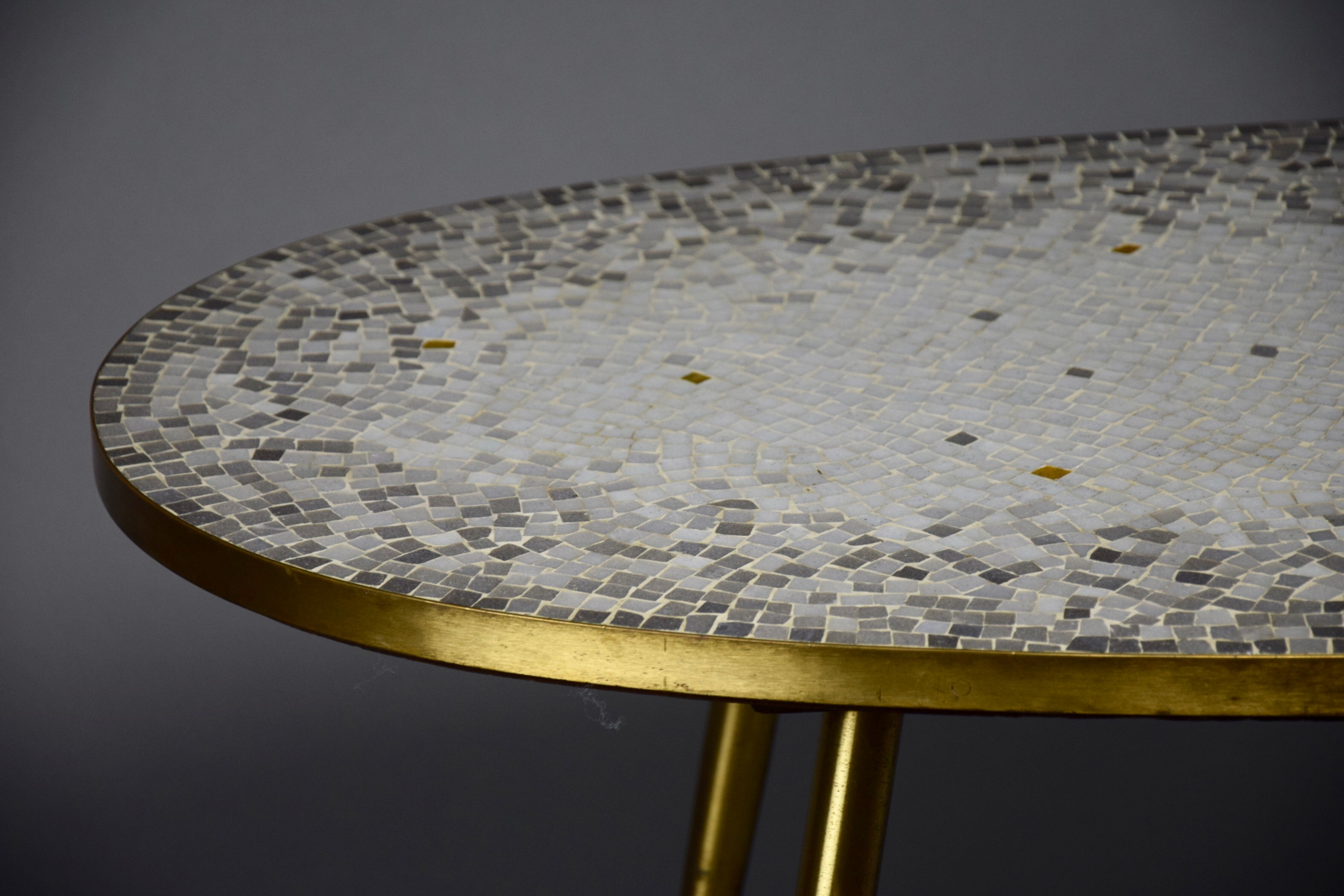 Brass Mid century Oval Coffee Table with Grey Glass Mosaic and Gold Highlights