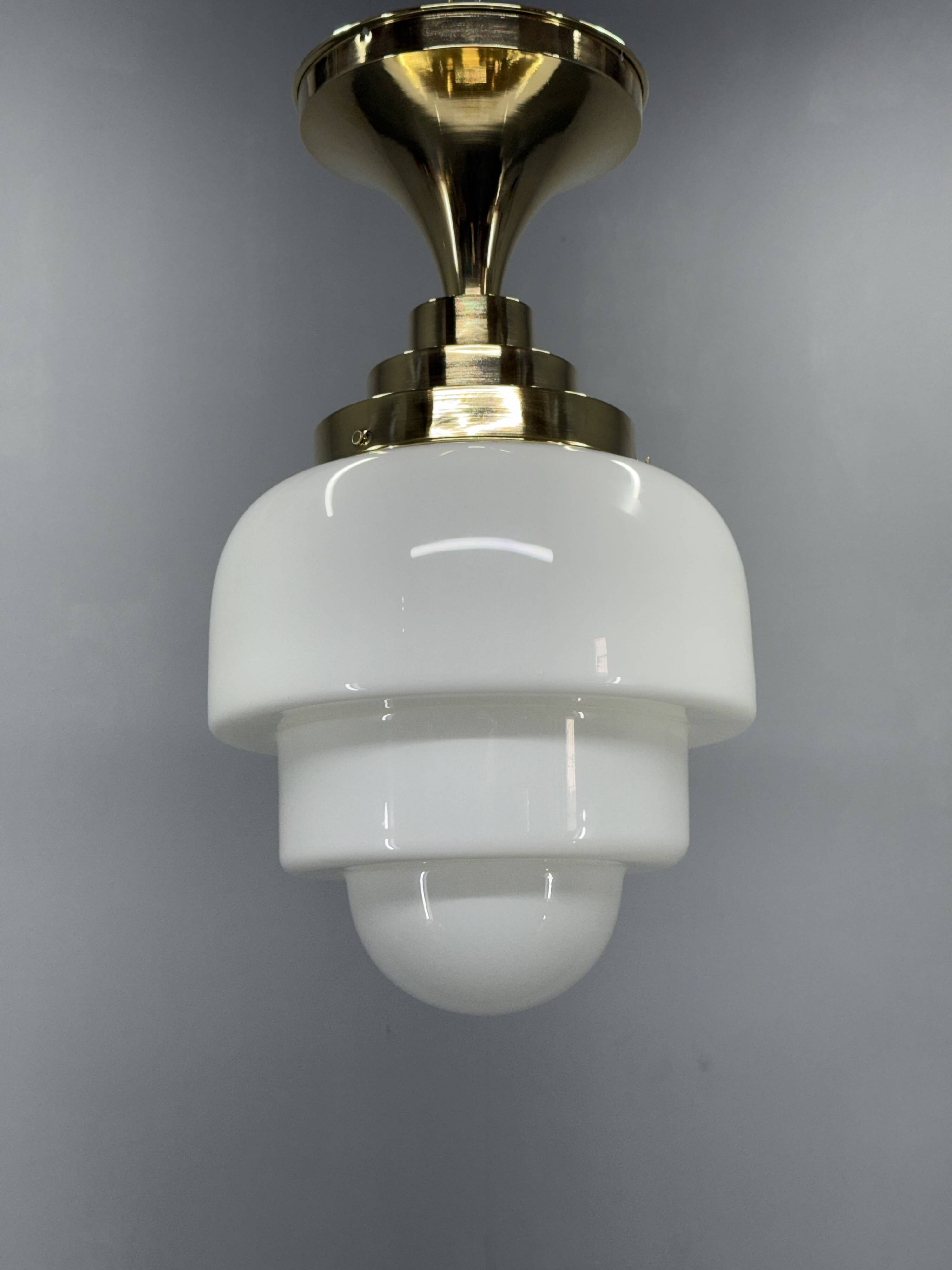 1930s Art Deco Brass and Opaline Glass Flush Mount, Czech