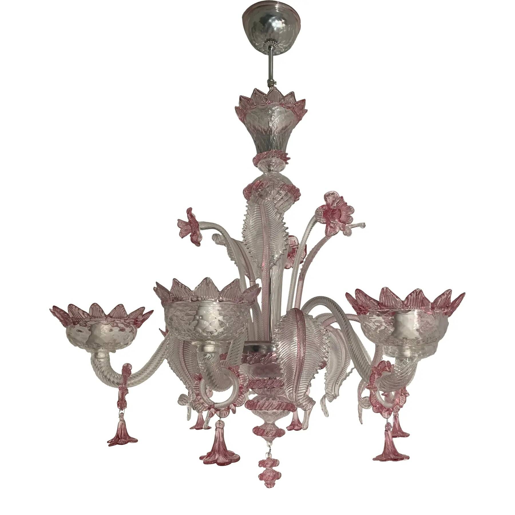 Chandelier in transparent and pink Murano-style glass with flower and leaf.