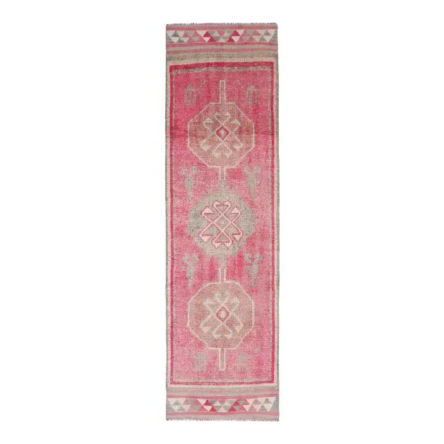 Vintage Turkish Oushak Handmade Wool Cotton Pink Runner Rug 86x306