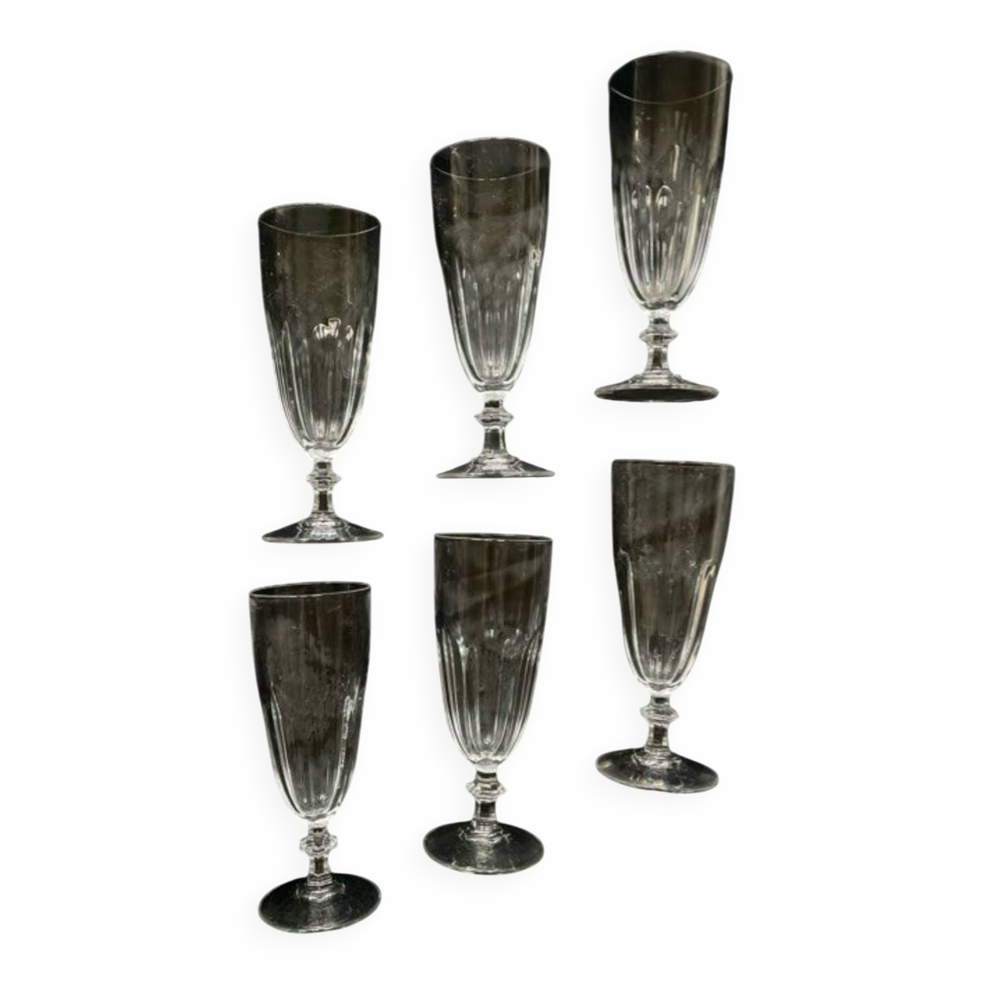 6 antique crystal champagne flutes and stemmed glasses