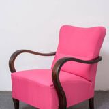 Pair of Art Deco pink armchairs in fabric and wood, 1920s, fully restored.