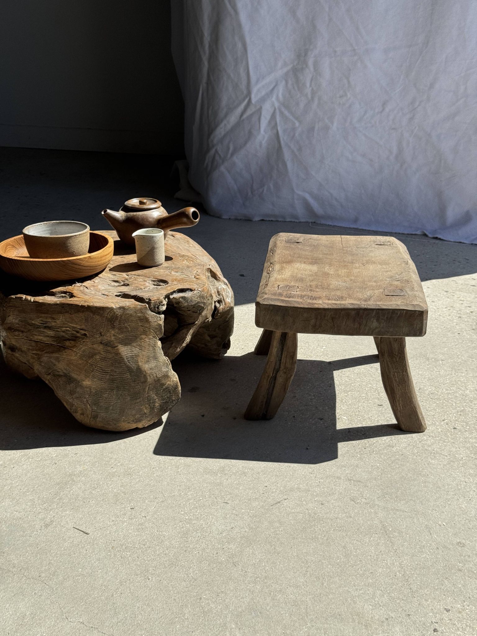 Small stool, rectangular accent stool in solid teak wabi-sabi H26.