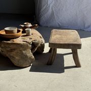 Small stool, rectangular accent stool in solid teak wabi-sabi H26.