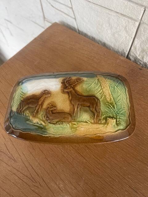 Gien earthenware butter dish slash country decor: deer, deer, forest