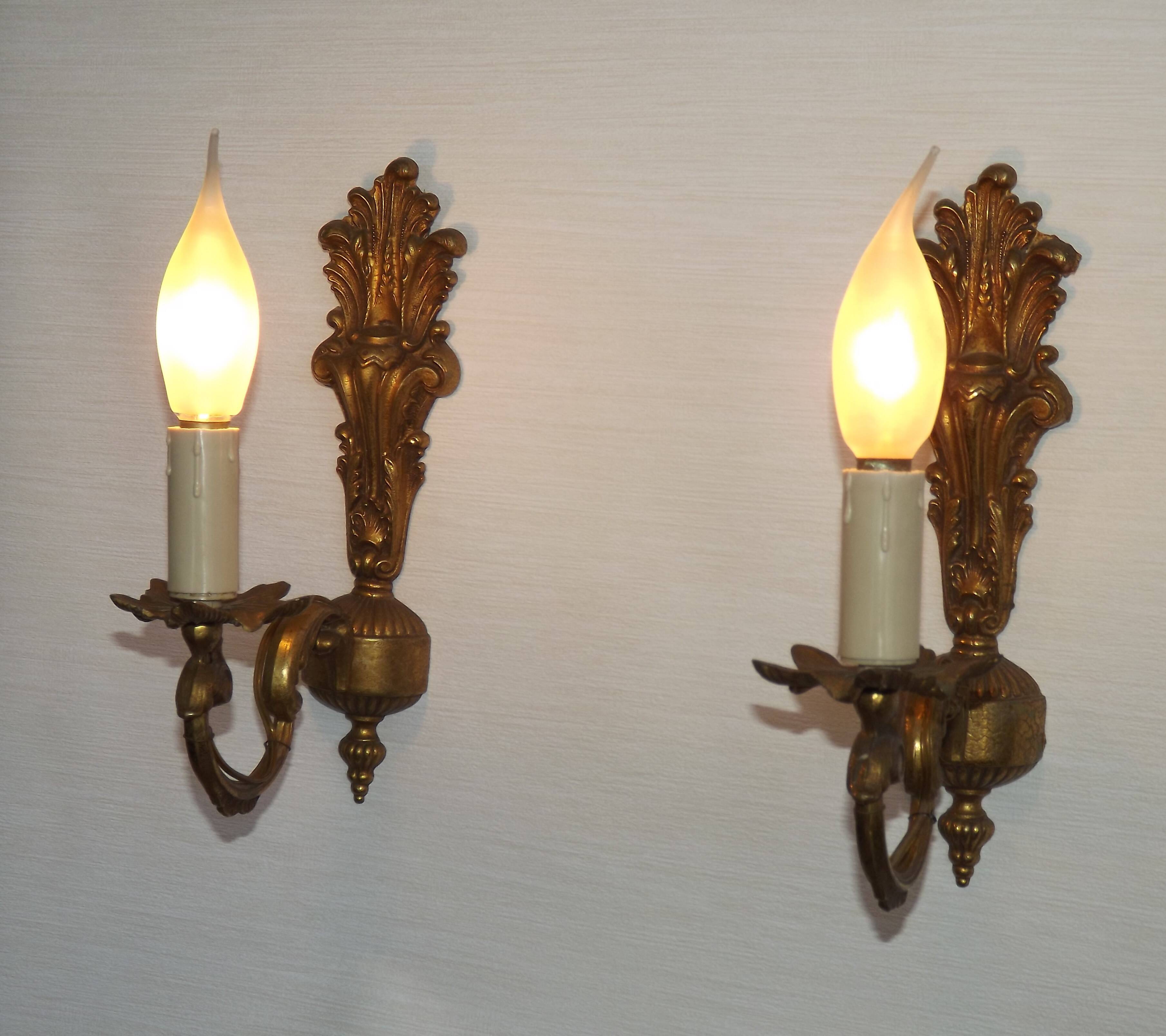 Pair French Gilt Bronze Single Wall Sconces Leaf & Feather Plume Detail