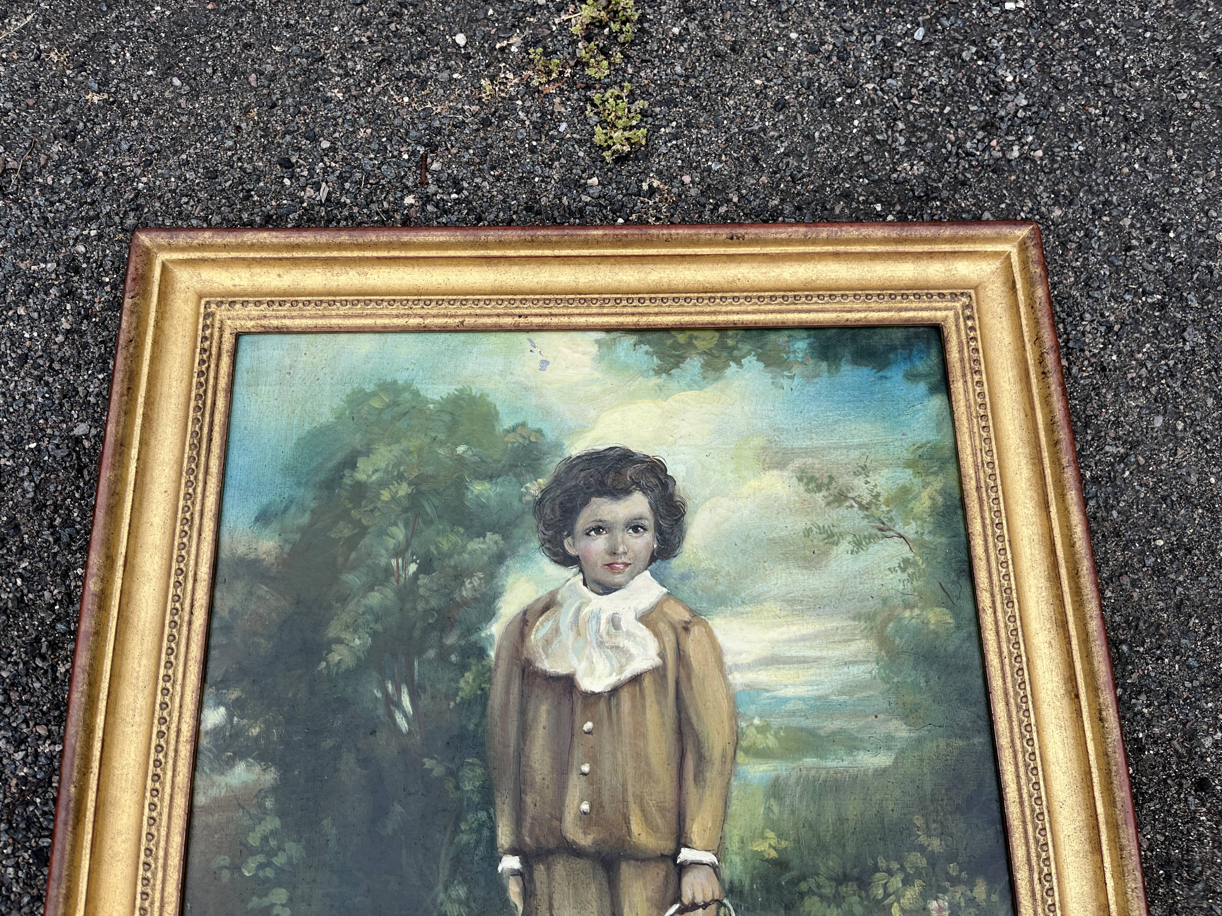 Tableau, huile sur panneau encadrée, portrait enfant au jardin style anglais, XIXe
