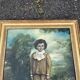 Tableau, huile sur panneau encadrée, portrait enfant au jardin style anglais, XIXe