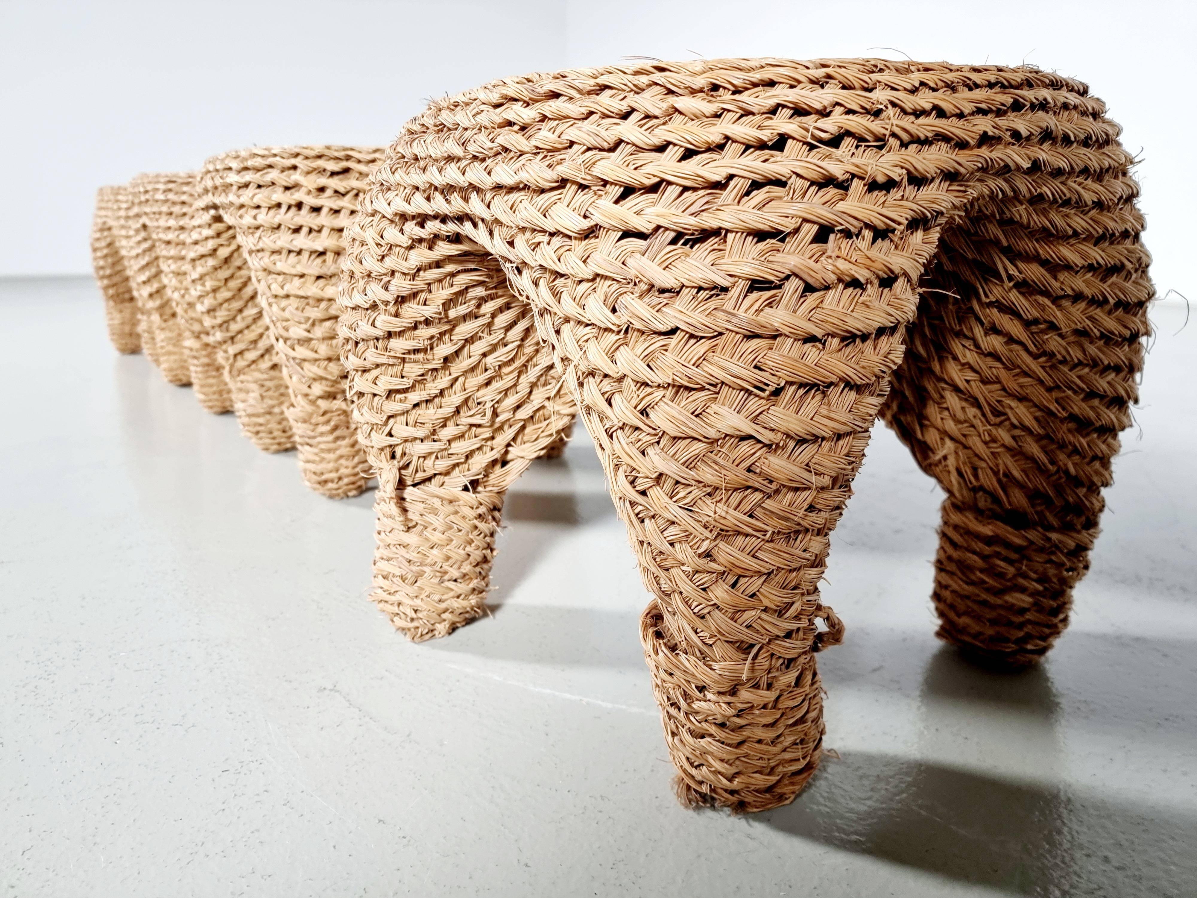 Wicker and pine needle table and stools, France, 1980s