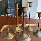 Set 7 mismatched brass and bronze candlesticks
