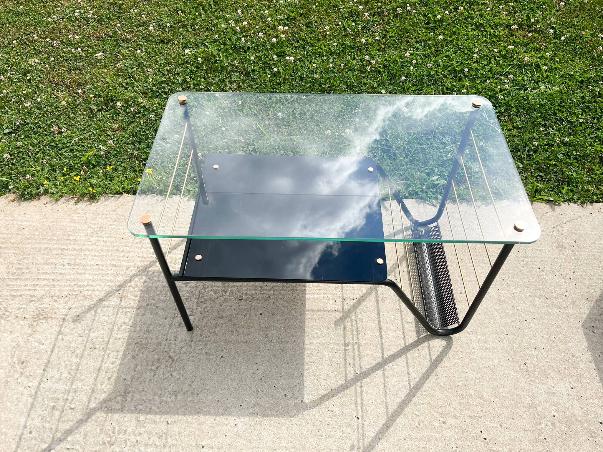 Roche Bobois metal and glass coffee table with magazine rack from the 50s