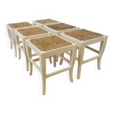 Set of 6 Vintage White Wooden Stool 1970s Boho Thatched Seat