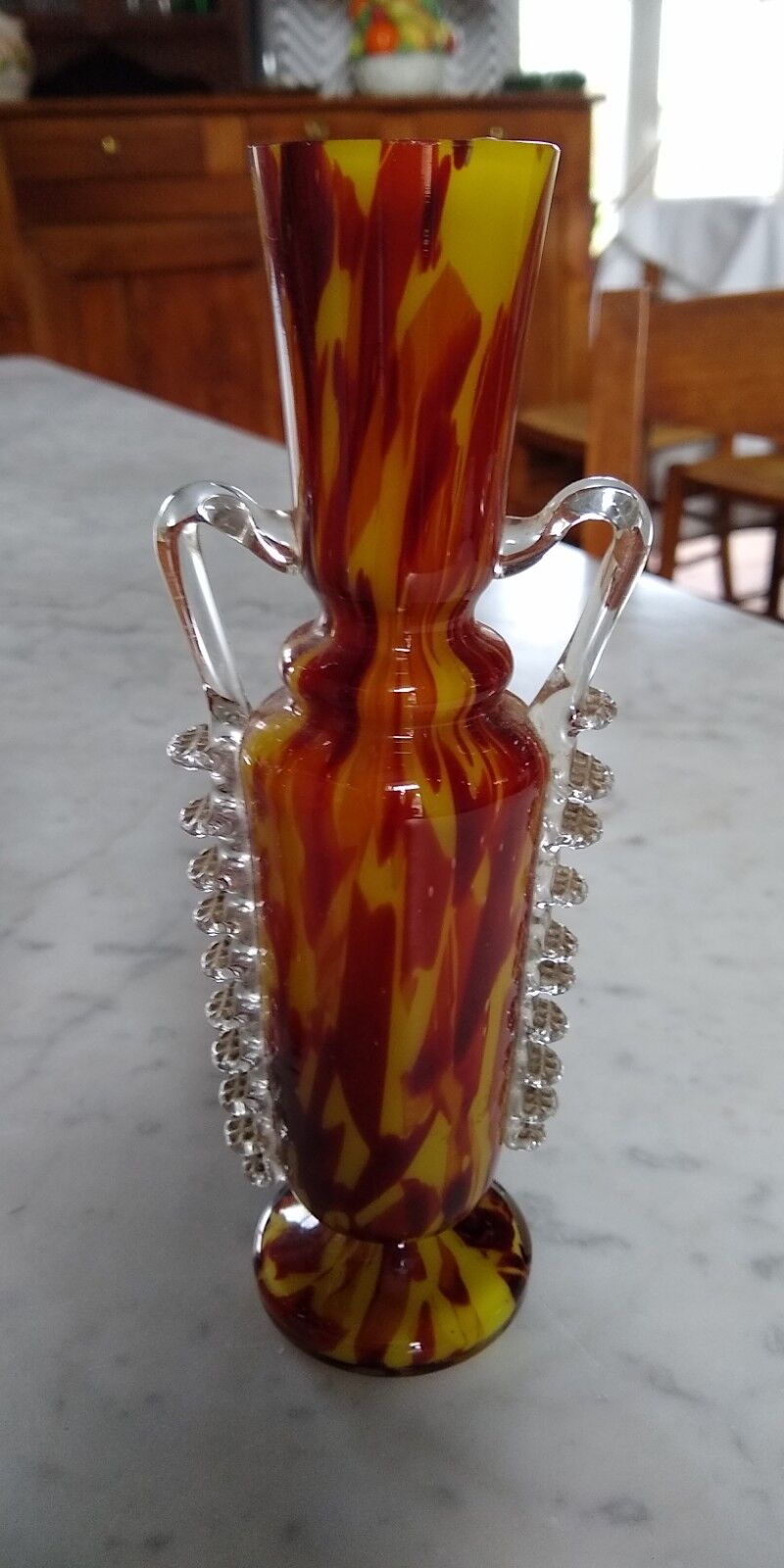 Pair of vases from the Clichy glassworks, orange-yellow marbled, in the shape of an amphora