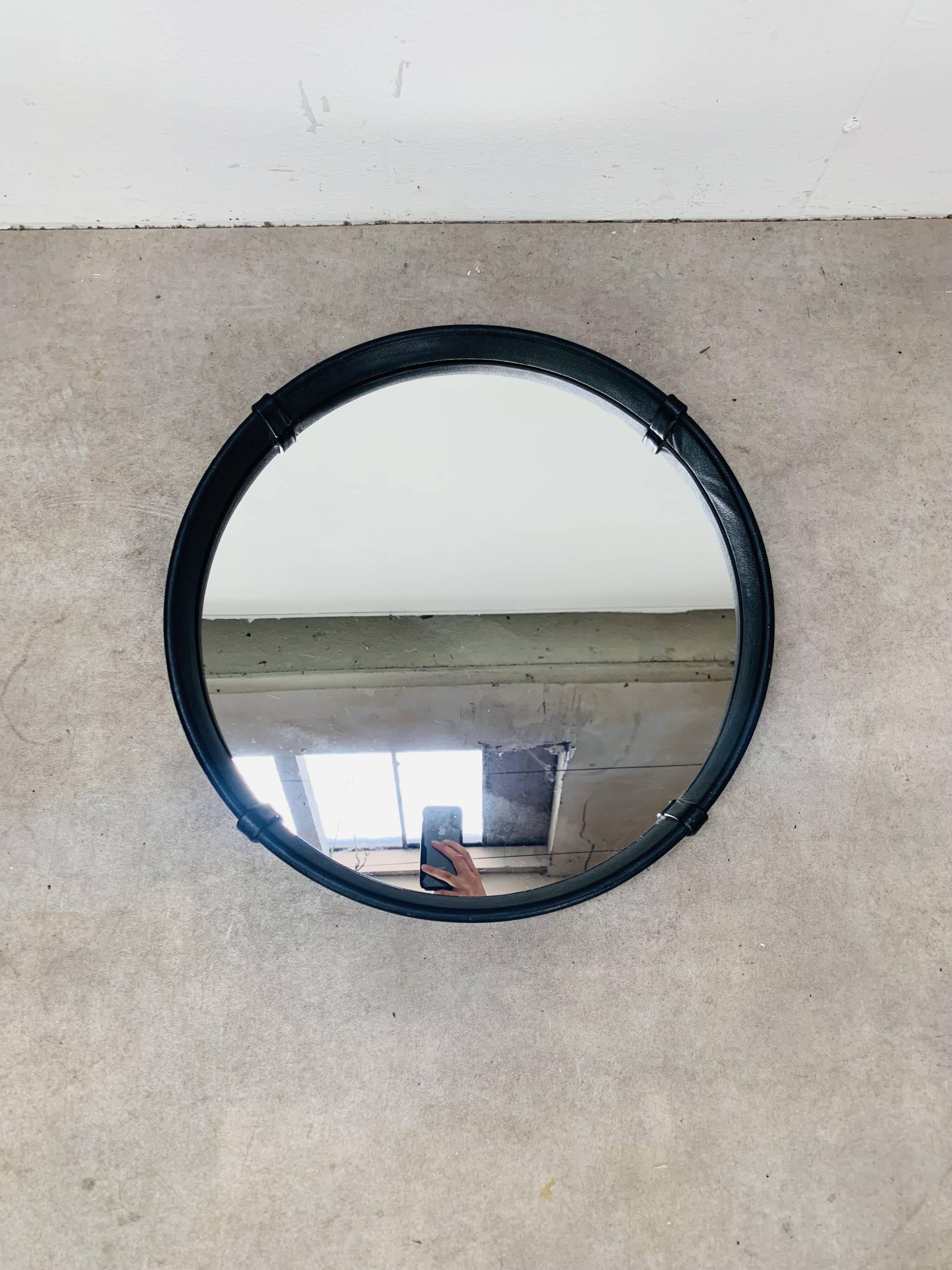 Black faux leather framed mirror, 1950s