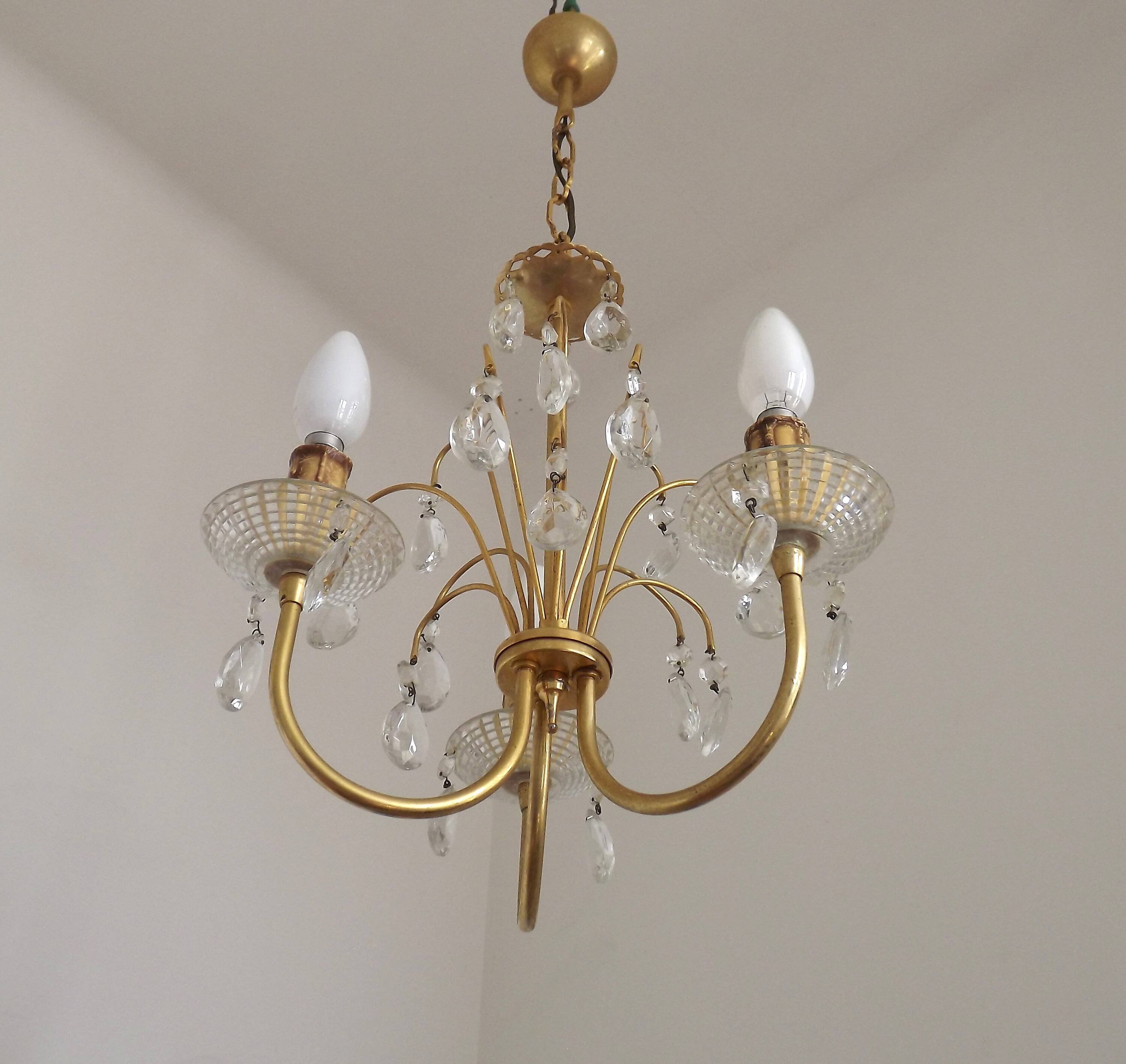 French Vintage Gold Effect Metal-Crystal 3 Light Chandelier Glass Bobeches