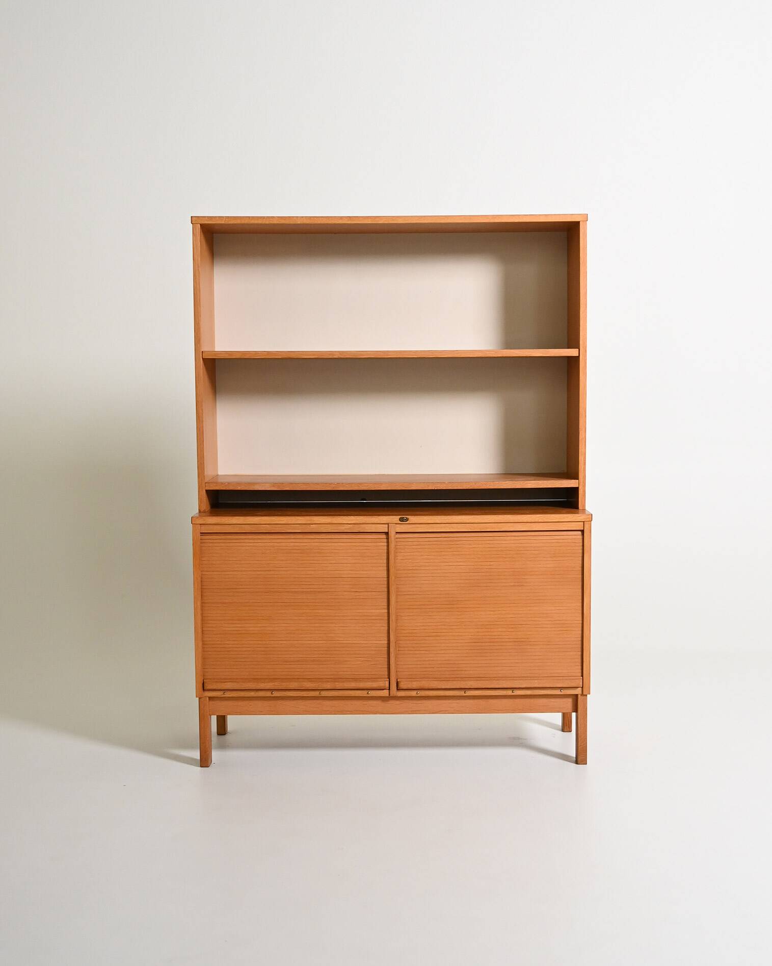 Oak cabinet with tambour doors with upper shelves, 1960s