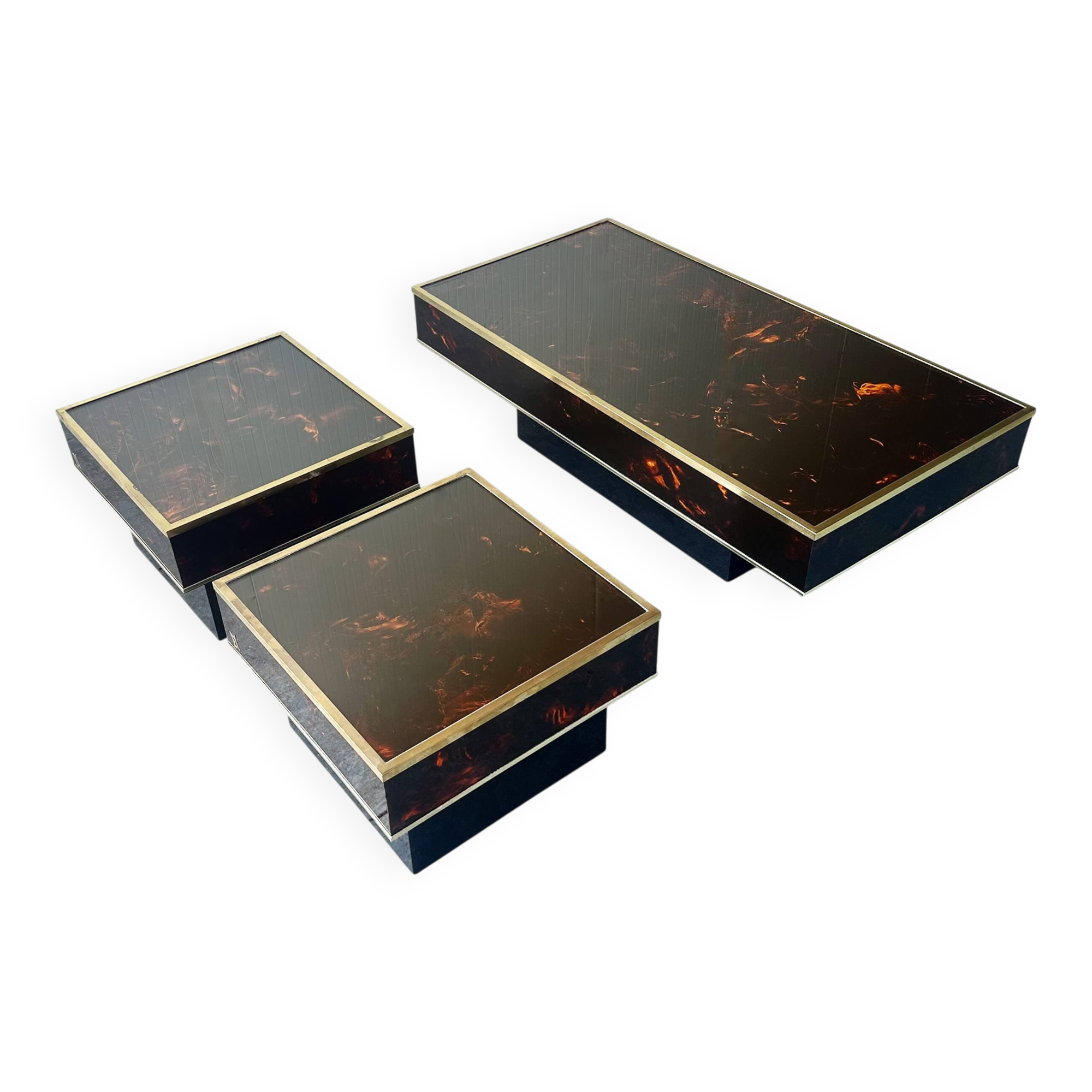 Coffee – and side tables in burl wood and plexiglass by Eric Maville 1980s