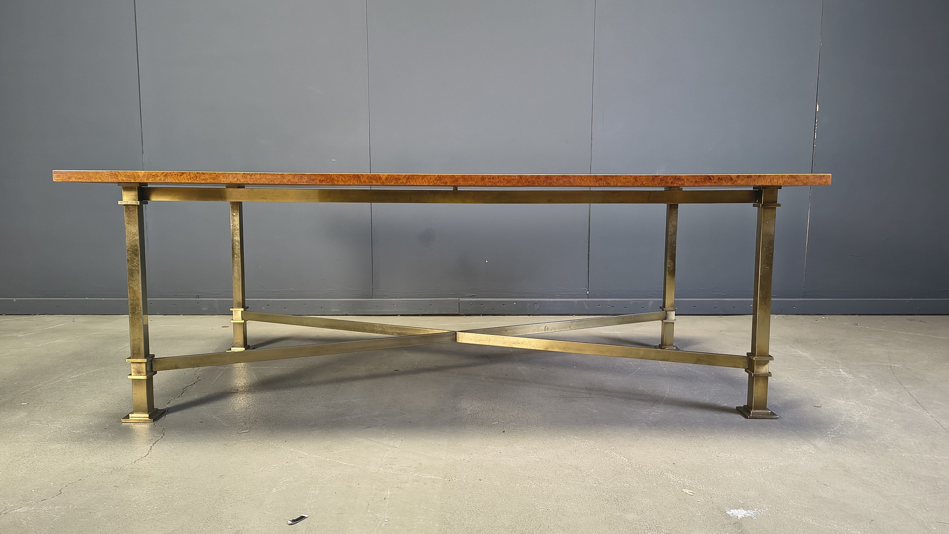 Vintage burl wood and brass dining table by Belgochrom, 1970s