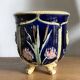 Ancien cache pot en faïence barbotine décor oiseaux - vers 1900