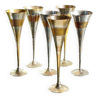 6 Vintage Silver-Plated Brass Champagne Flutes