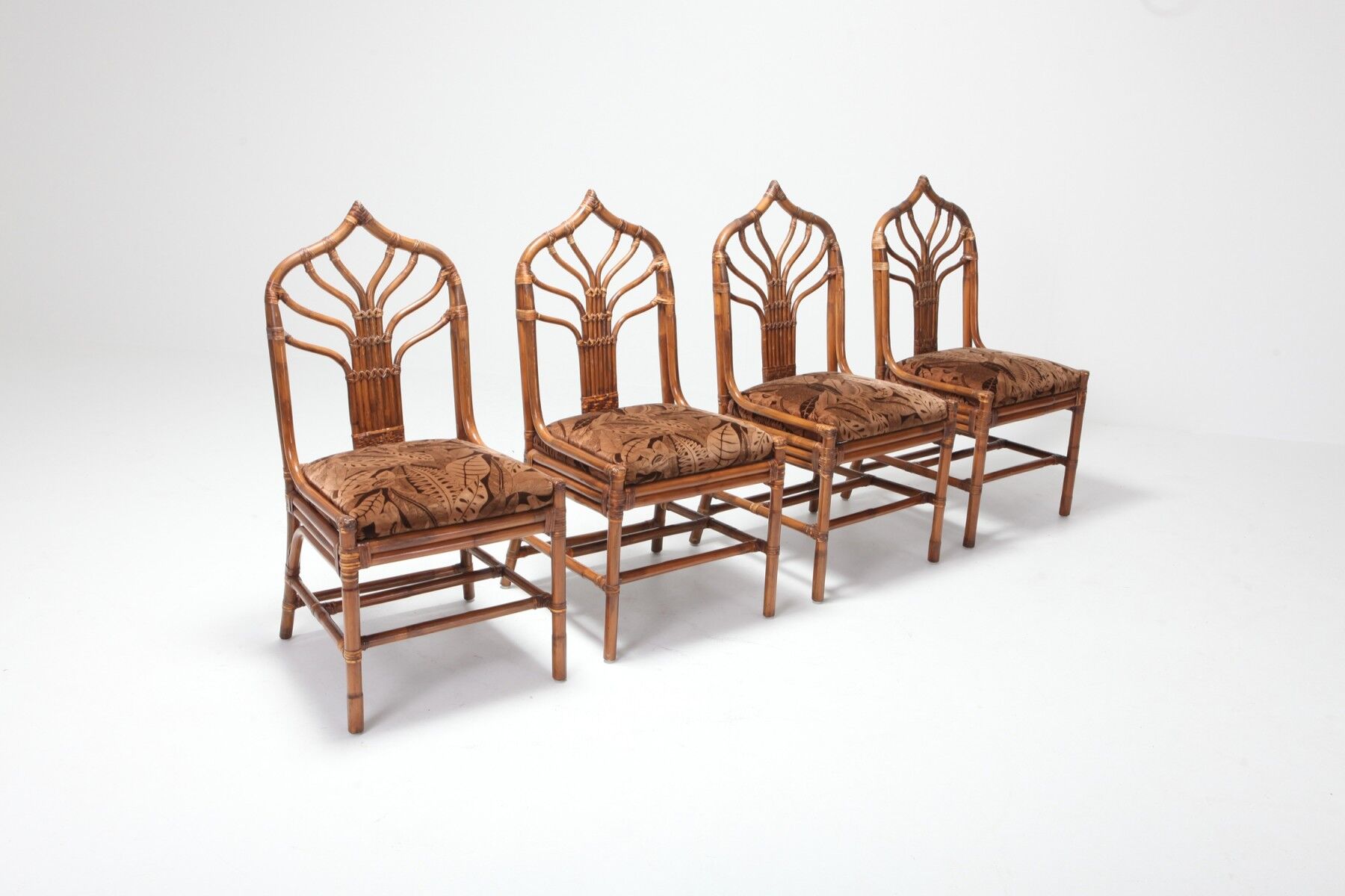 Set of bamboo lounge chairs with Italian 1960 floral cushions