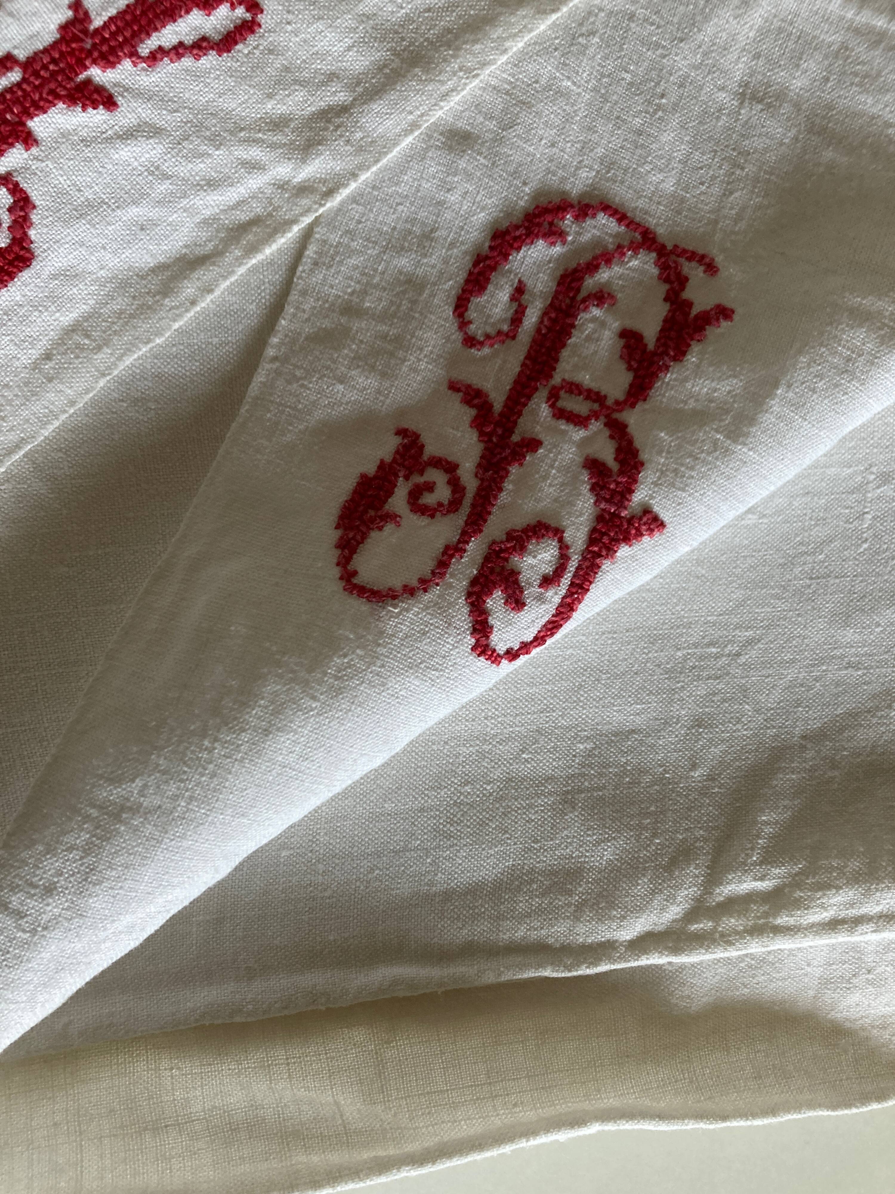 19th century embroidered linen thread tablecloth embroidered red