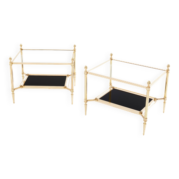Maison Jansen style pair of brass opaline glass side tables 1970