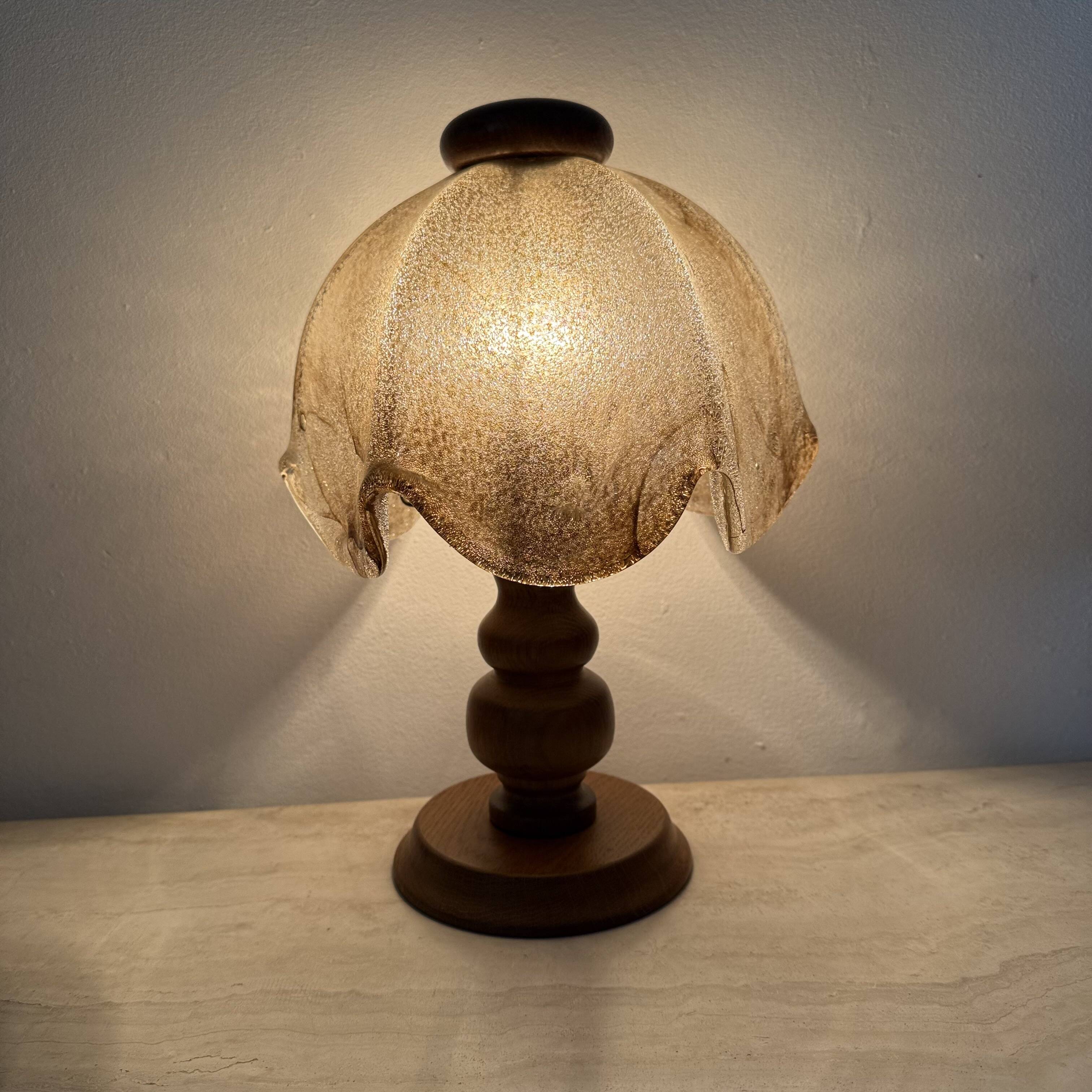 Vintage brutalist glass table lamp with solid oak wooden base , 1970s