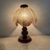 Vintage brutalist glass table lamp with solid oak wooden base , 1970s
